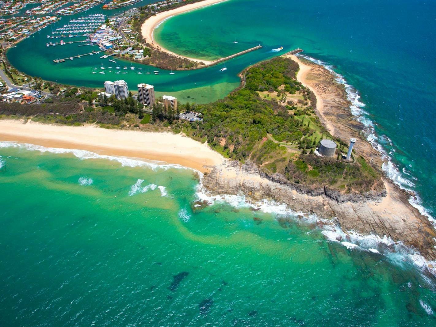 whale-watching-point-cartwright-mooloolaba Aerial of Point Cartwright headland, lighthouse and the Mooloolah River mouth near Mooloolaba, a whale-watching lookout